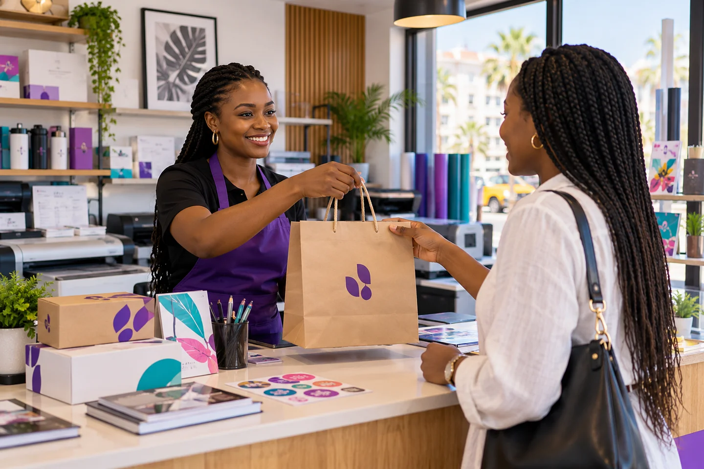 Sac personnalisé remis à une cliente dans une boutique
